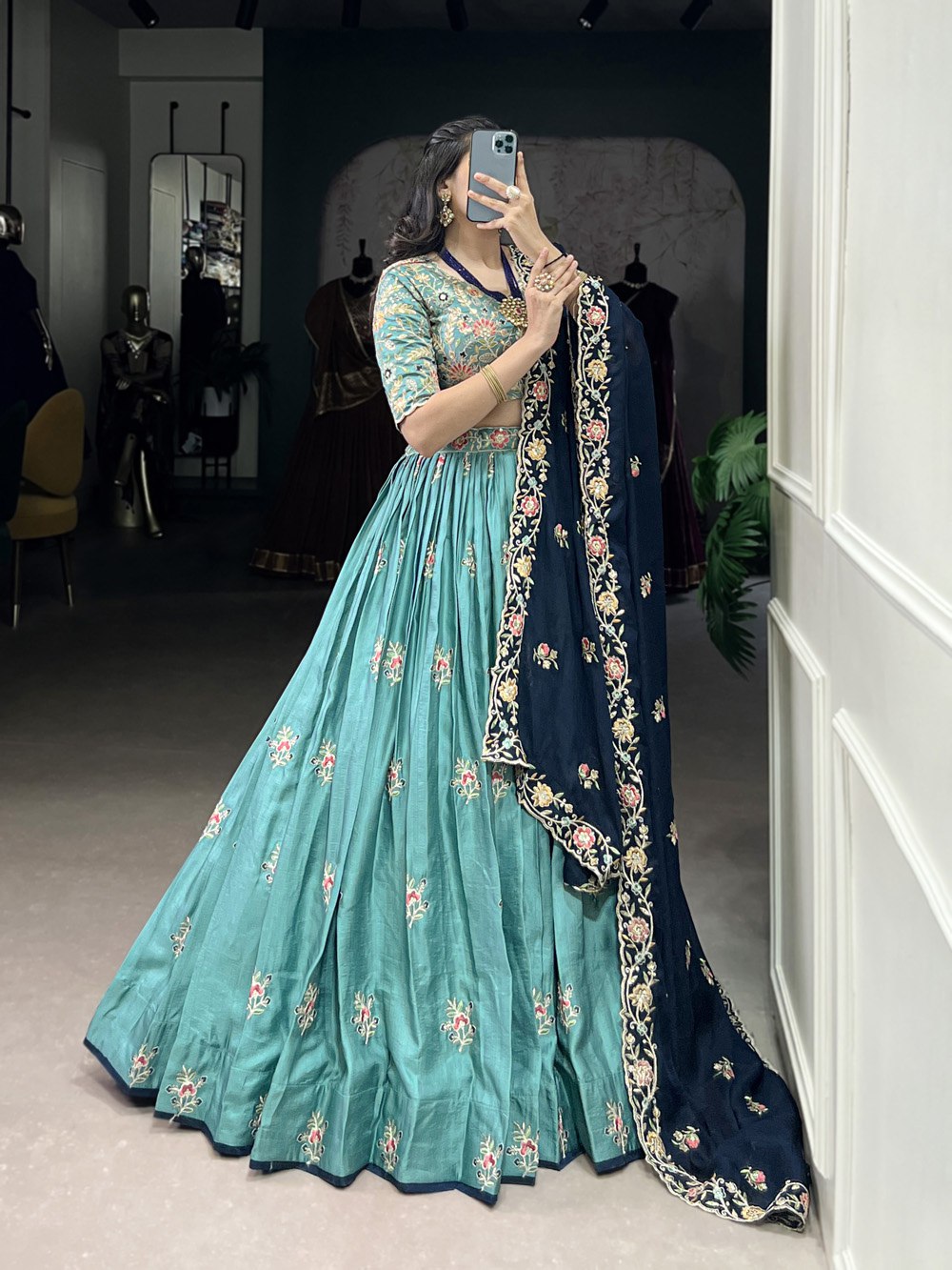 Teal Green Embroidered Lehenga Set with Navy Blue Dupatta AllTreandy