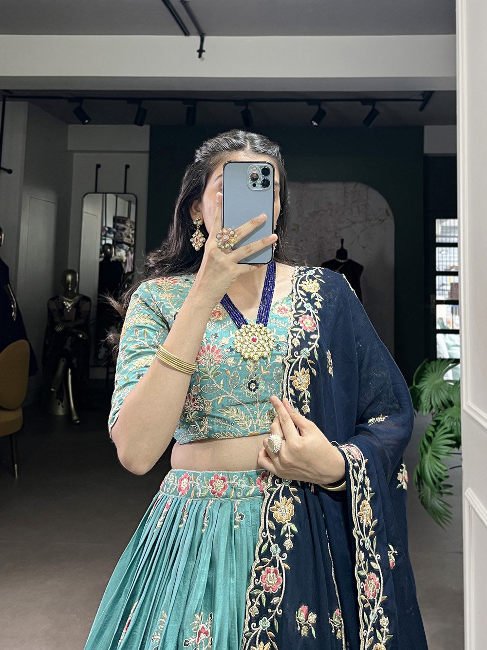 Teal Green Embroidered Lehenga Set with Navy Blue Dupatta AllTreandy