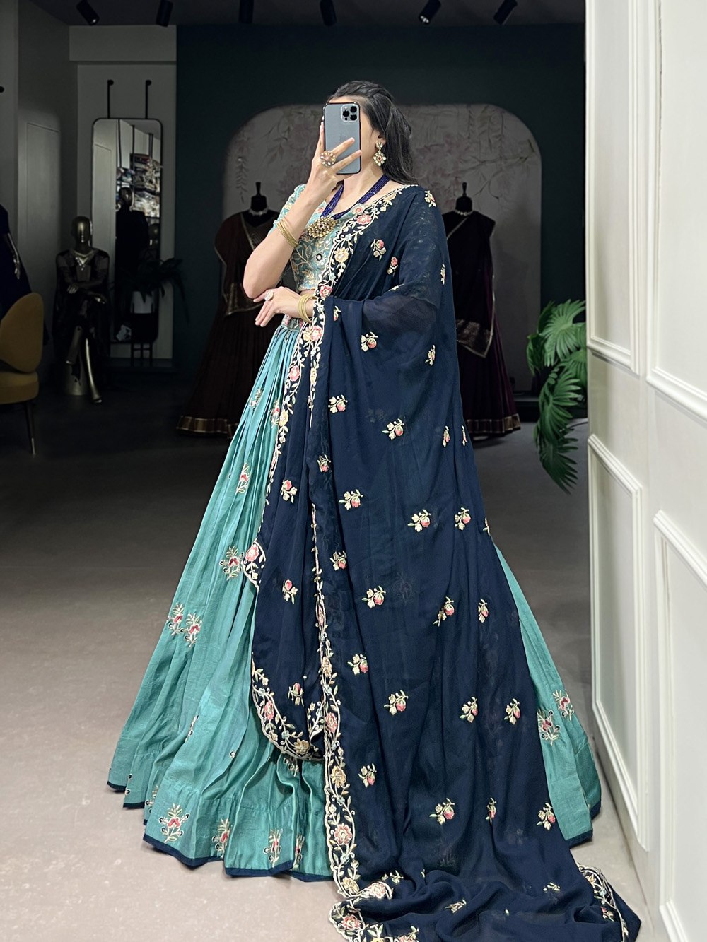 Teal Green Embroidered Lehenga Set with Navy Blue Dupatta AllTreandy