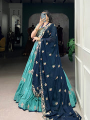 Teal Green Embroidered Lehenga Set with Navy Blue Dupatta AllTreandy