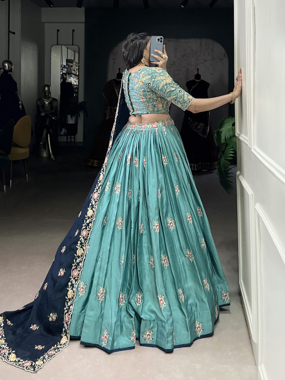 Teal Green Embroidered Lehenga Set with Navy Blue Dupatta AllTreandy