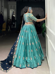 Teal Green Embroidered Lehenga Set with Navy Blue Dupatta AllTreandy