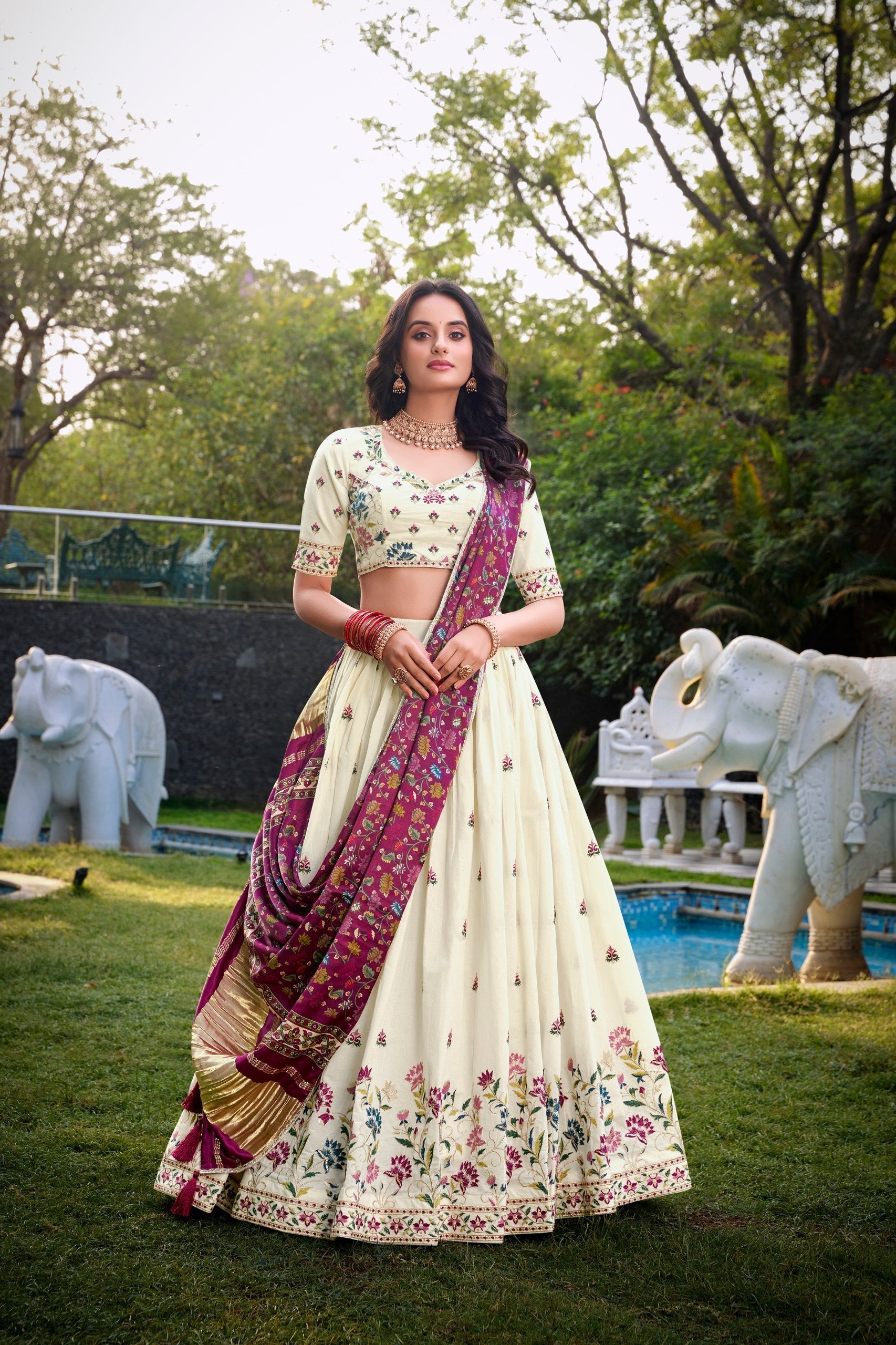 Cream & Blue Peacock Embroidered Lehenga Set with Dupatta AllTreandy