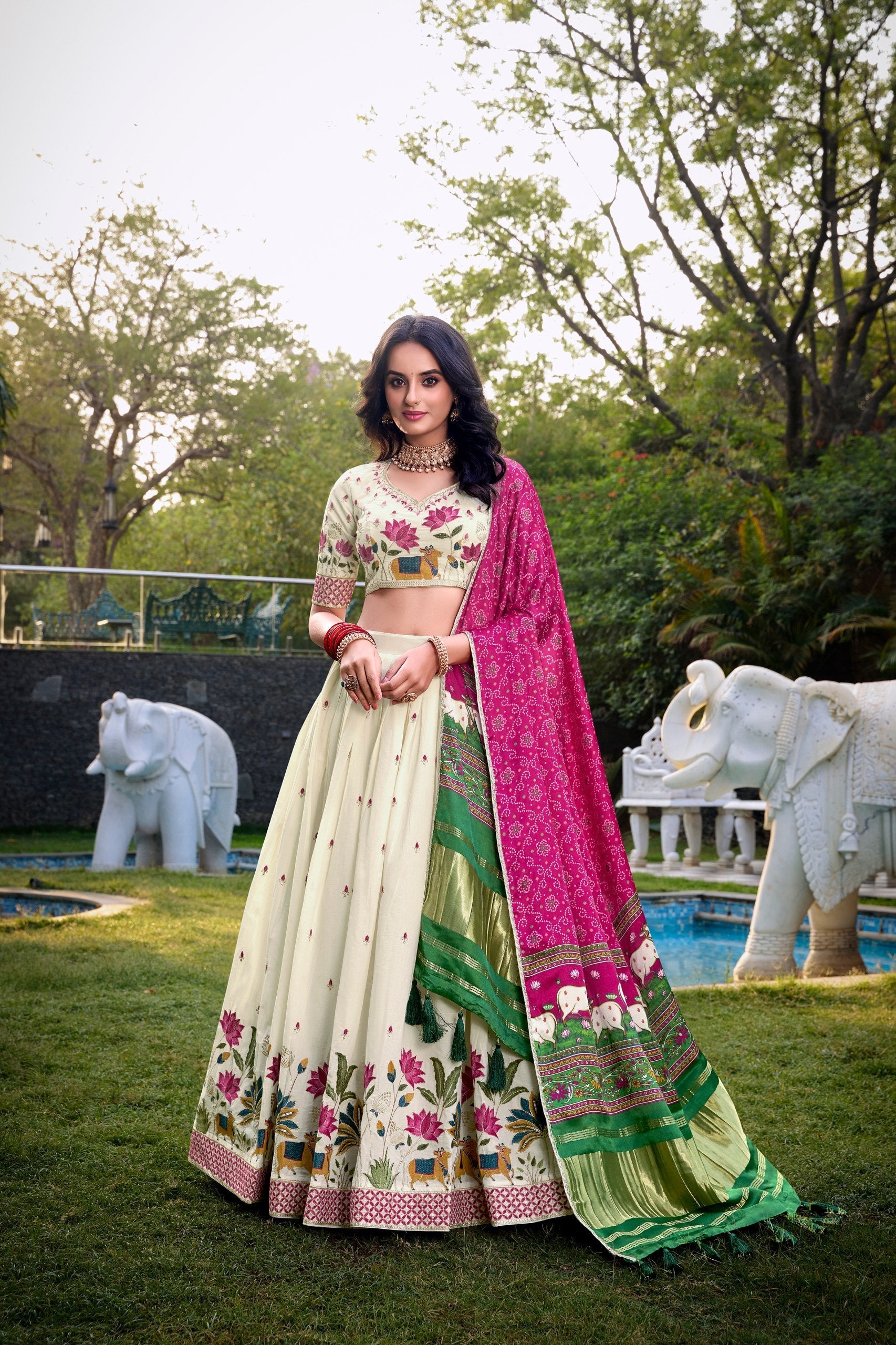 Cream & Blue Peacock Embroidered Lehenga Set with Dupatta AllTreandy