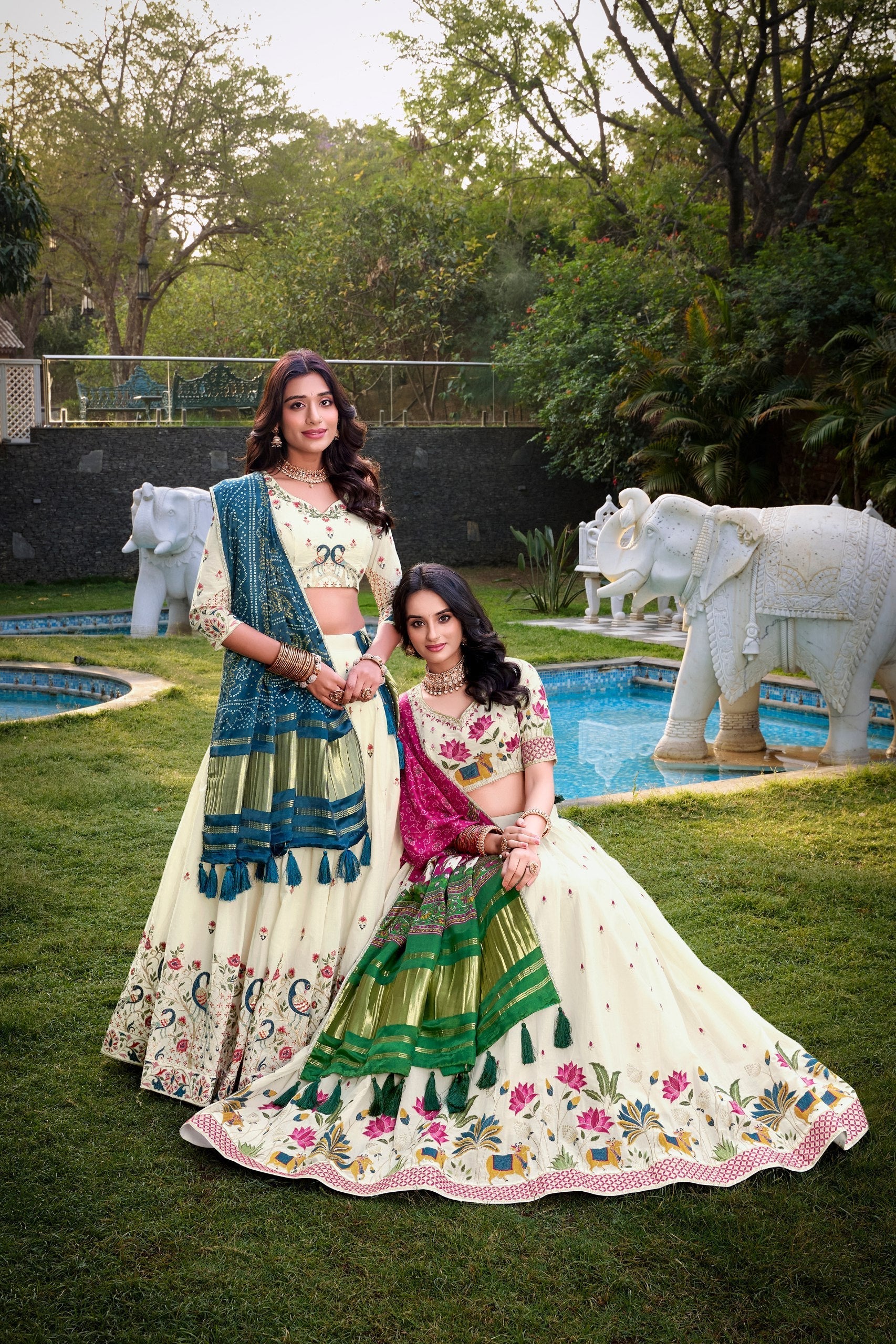 Cream & Blue Peacock Embroidered Lehenga Set with Dupatta AllTreandy