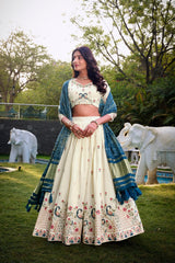 Cream & Blue Peacock Embroidered Lehenga Set with Dupatta AllTreandy