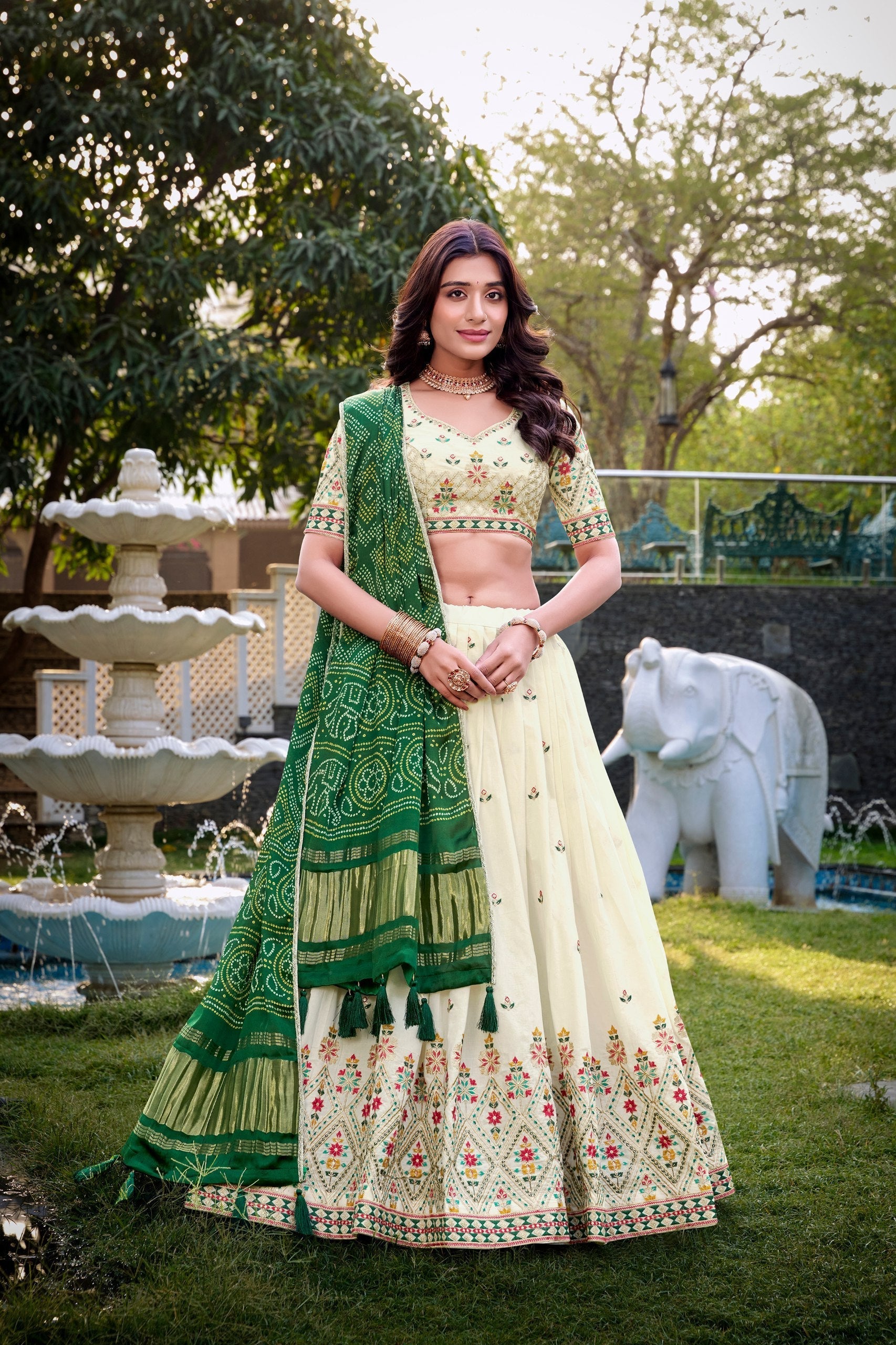 Cream & Blue Peacock Embroidered Lehenga Set with Dupatta AllTreandy