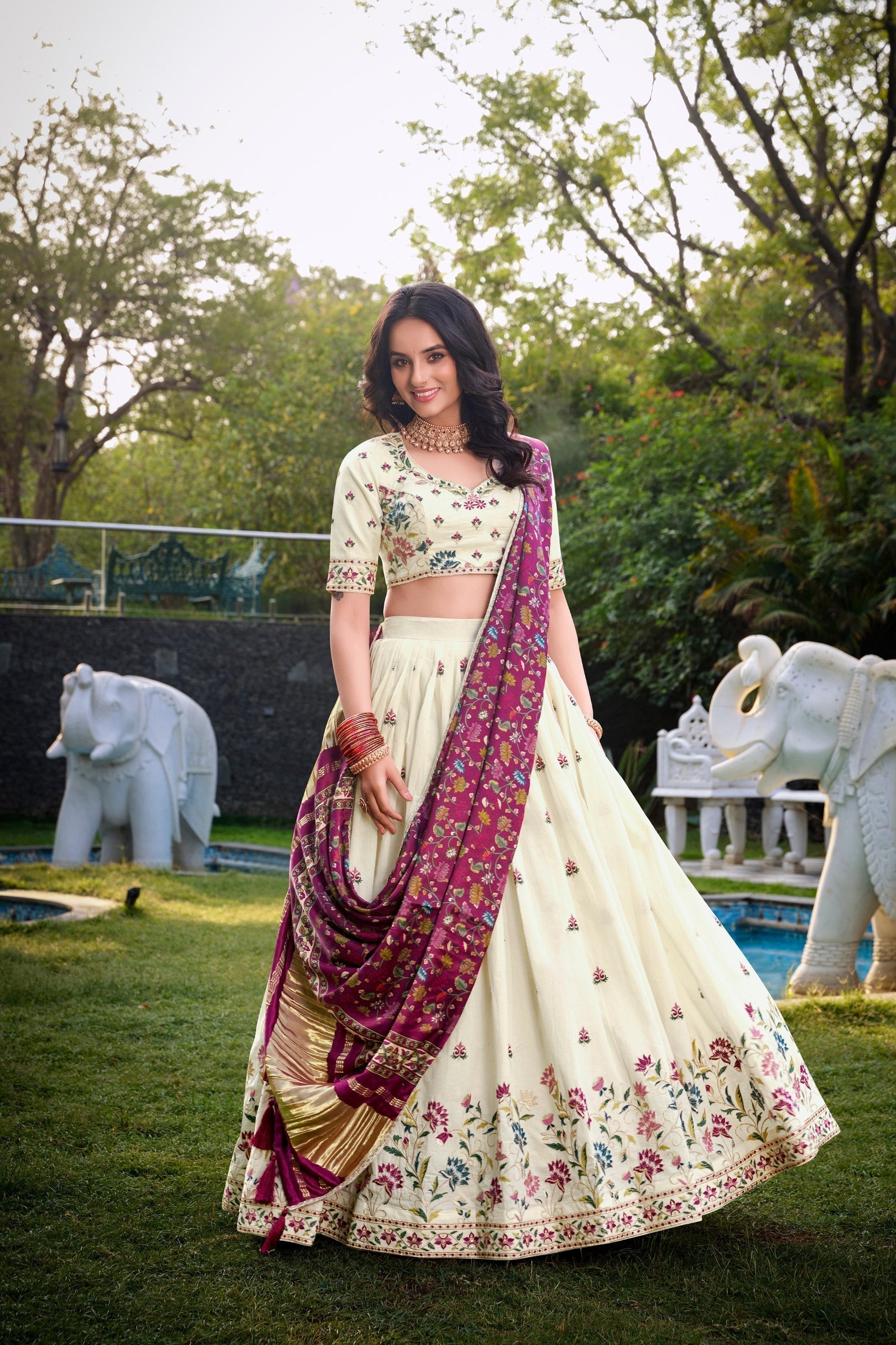 Cream & Blue Peacock Embroidered Lehenga Set with Dupatta AllTreandy