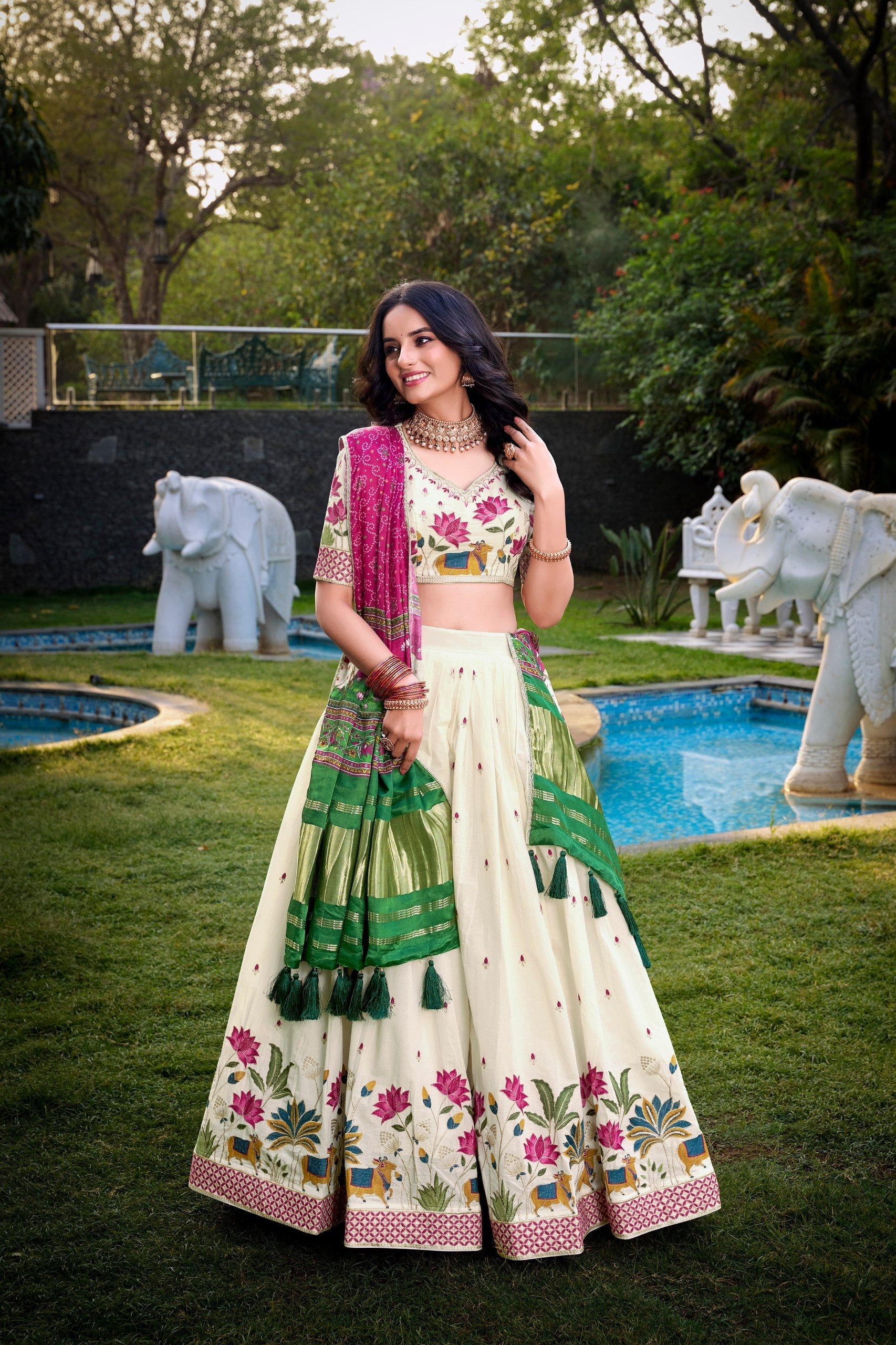 Cream & Blue Peacock Embroidered Lehenga Set with Dupatta AllTreandy