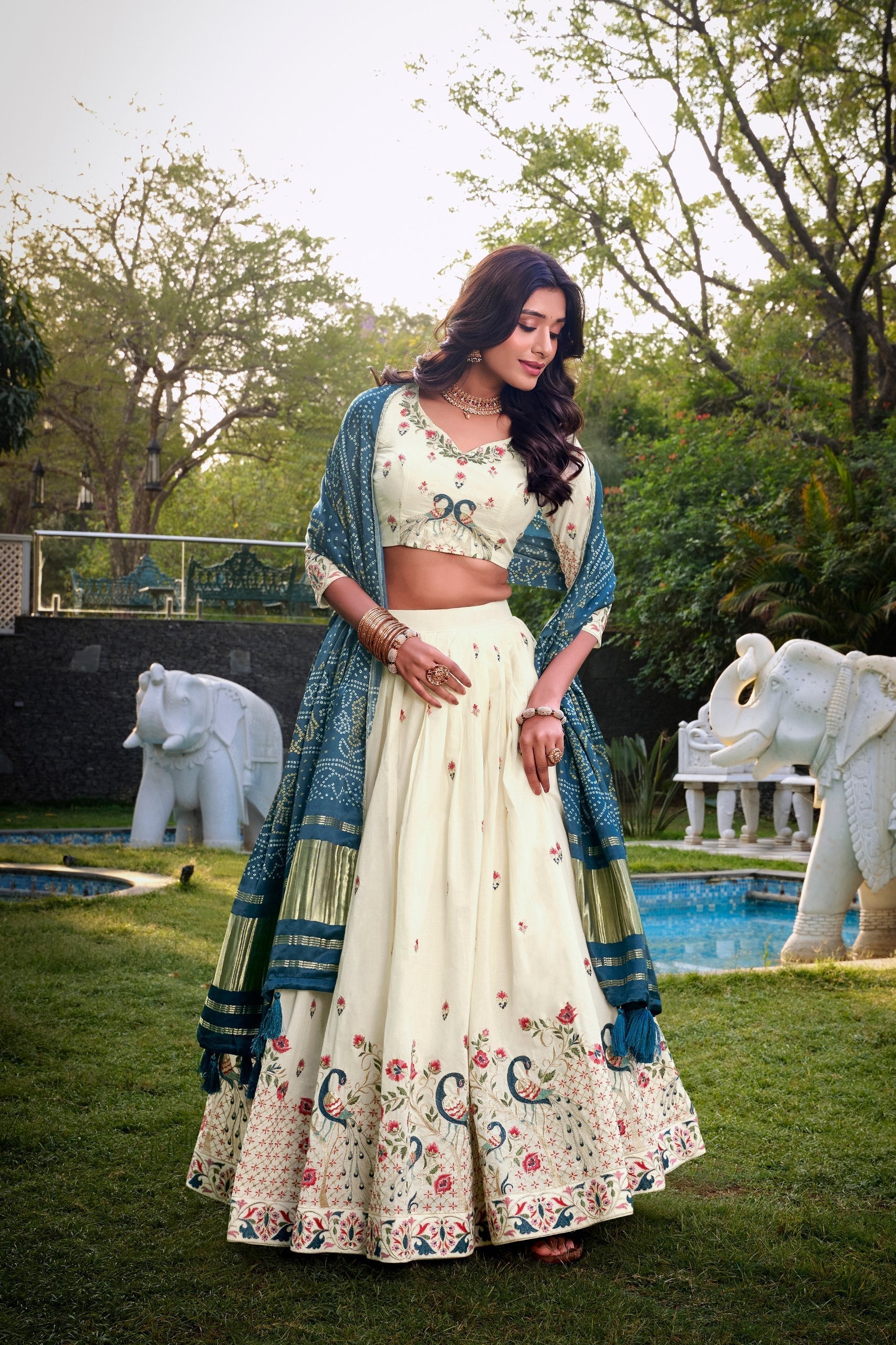 Cream & Blue Peacock Embroidered Lehenga Set with Dupatta AllTreandy