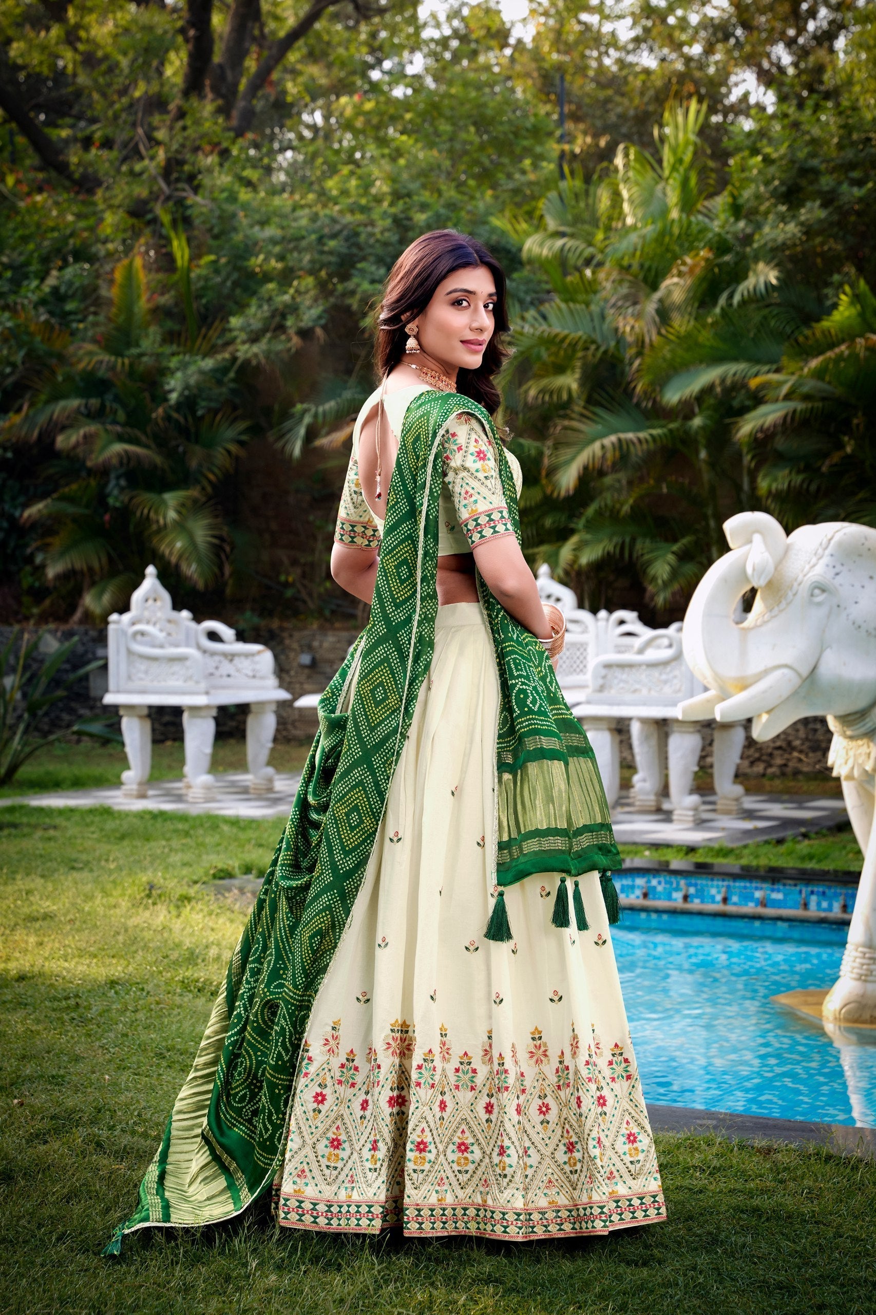 Cream & Blue Peacock Embroidered Lehenga Set with Dupatta AllTreandy