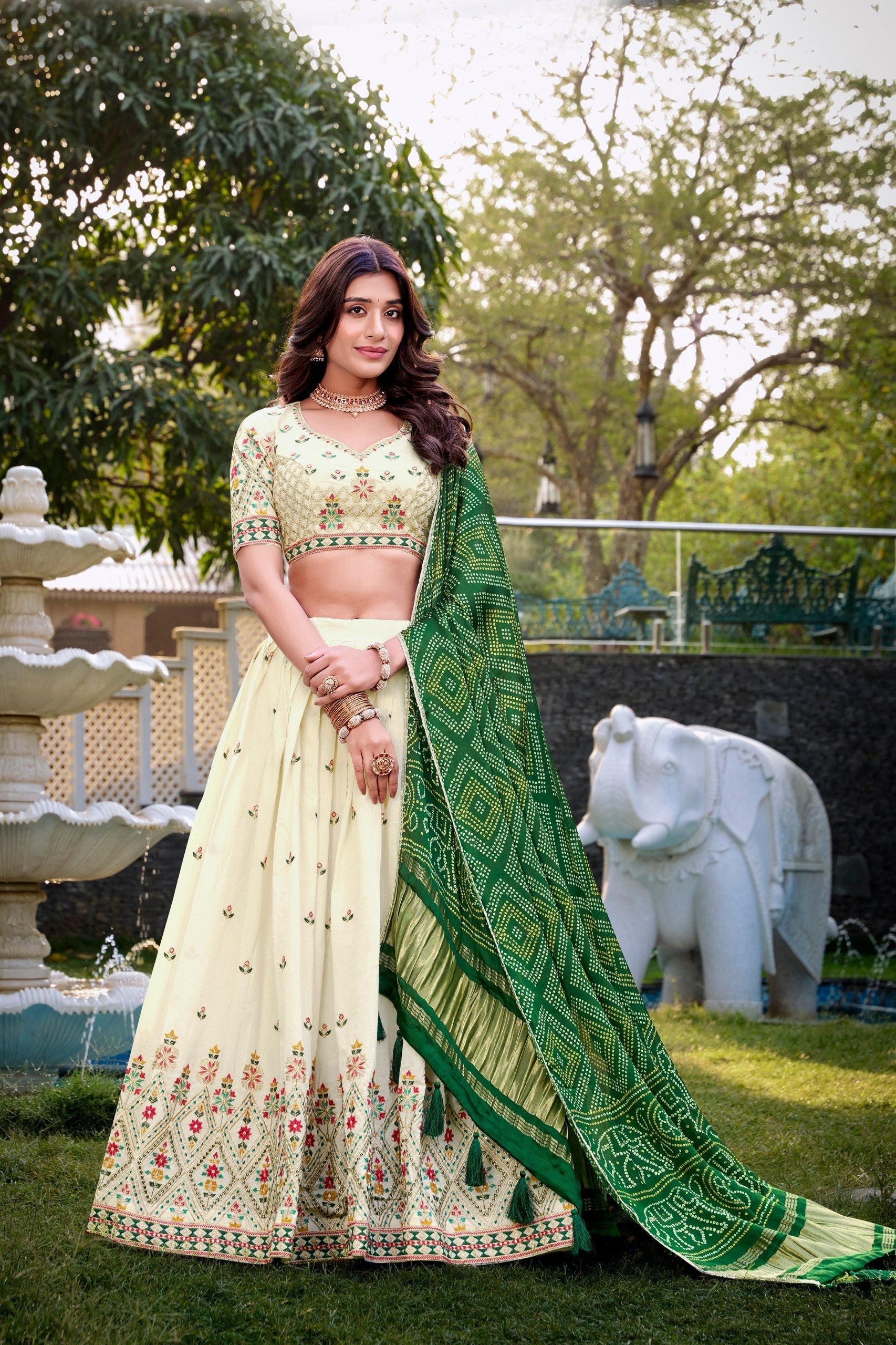 Cream & Blue Peacock Embroidered Lehenga Set with Dupatta AllTreandy
