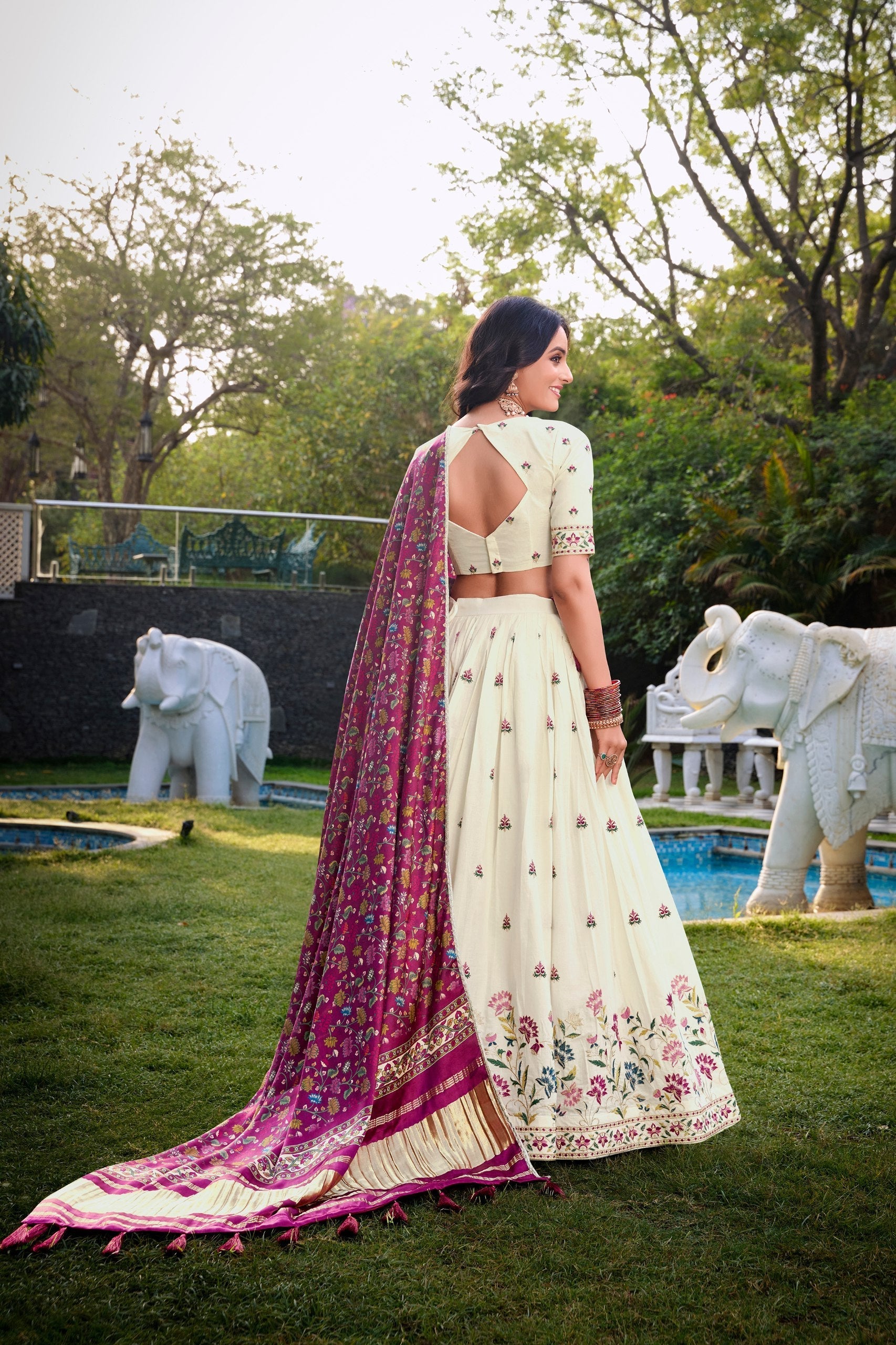 Cream & Blue Peacock Embroidered Lehenga Set with Dupatta AllTreandy