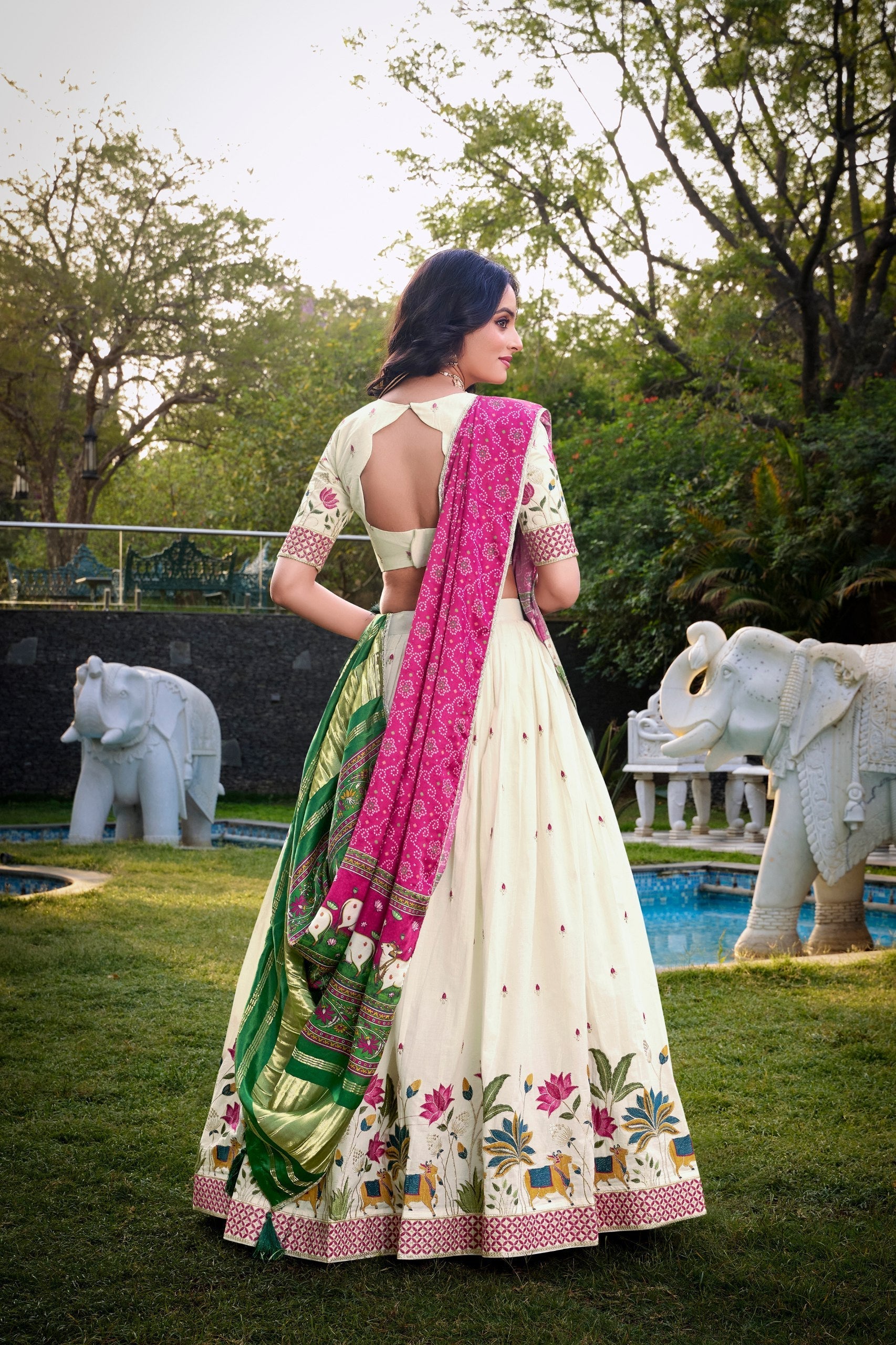 Cream & Blue Peacock Embroidered Lehenga Set with Dupatta AllTreandy