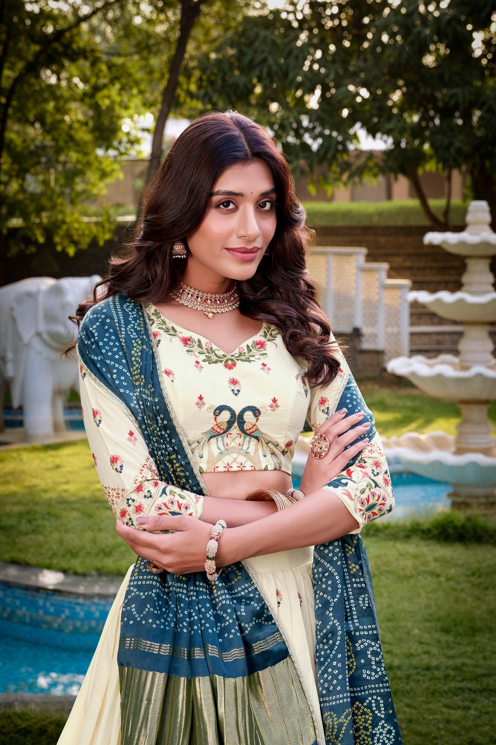 Cream & Blue Peacock Embroidered Lehenga Set with Dupatta AllTreandy