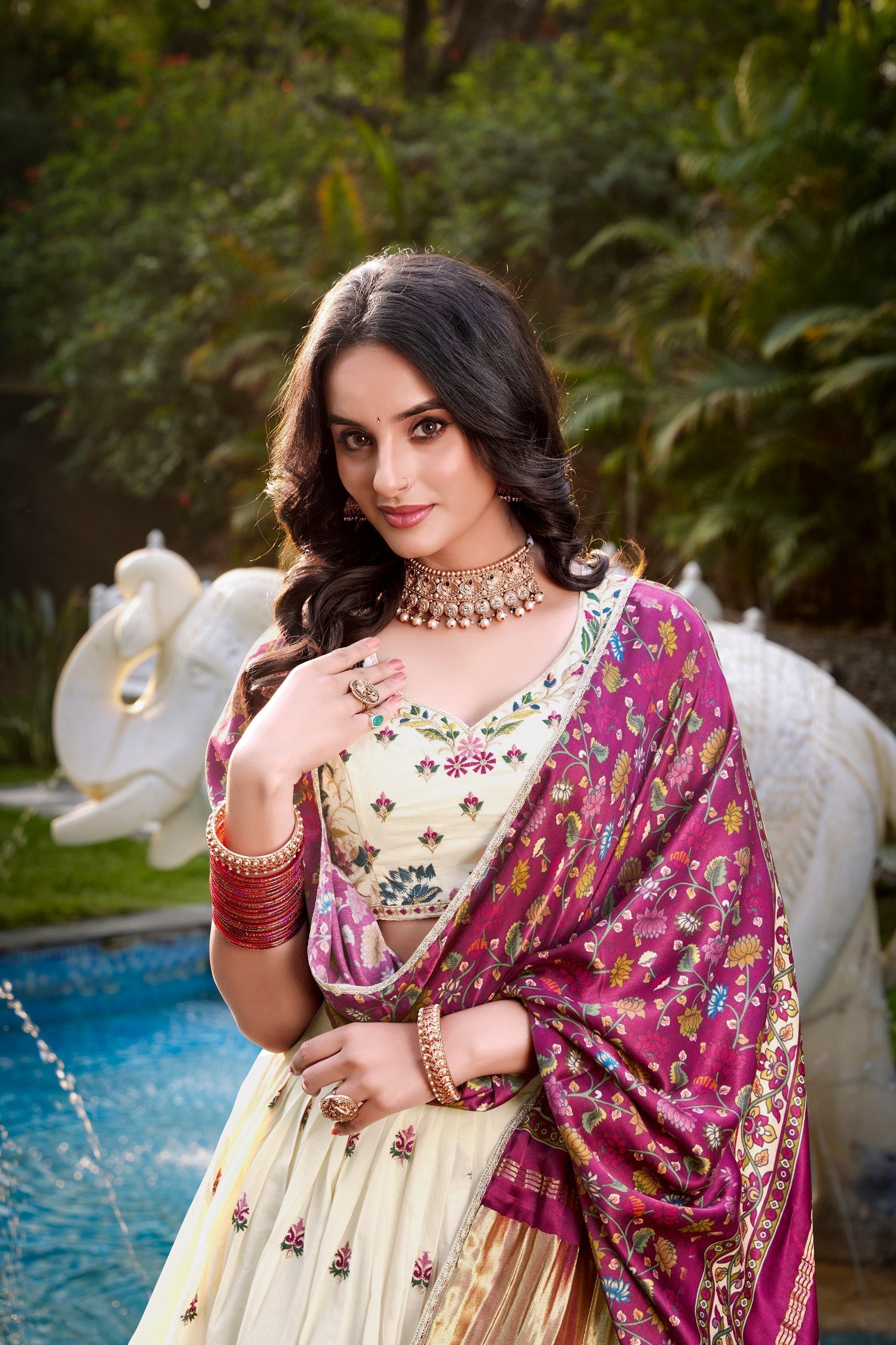 Cream & Blue Peacock Embroidered Lehenga Set with Dupatta AllTreandy