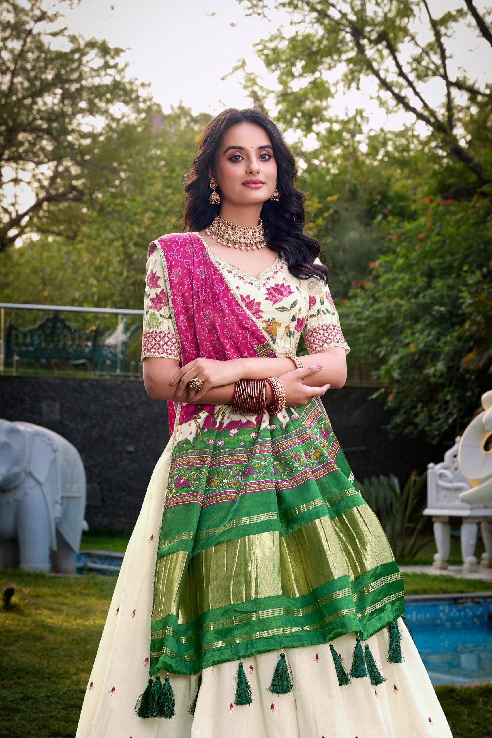 Cream & Blue Peacock Embroidered Lehenga Set with Dupatta AllTreandy
