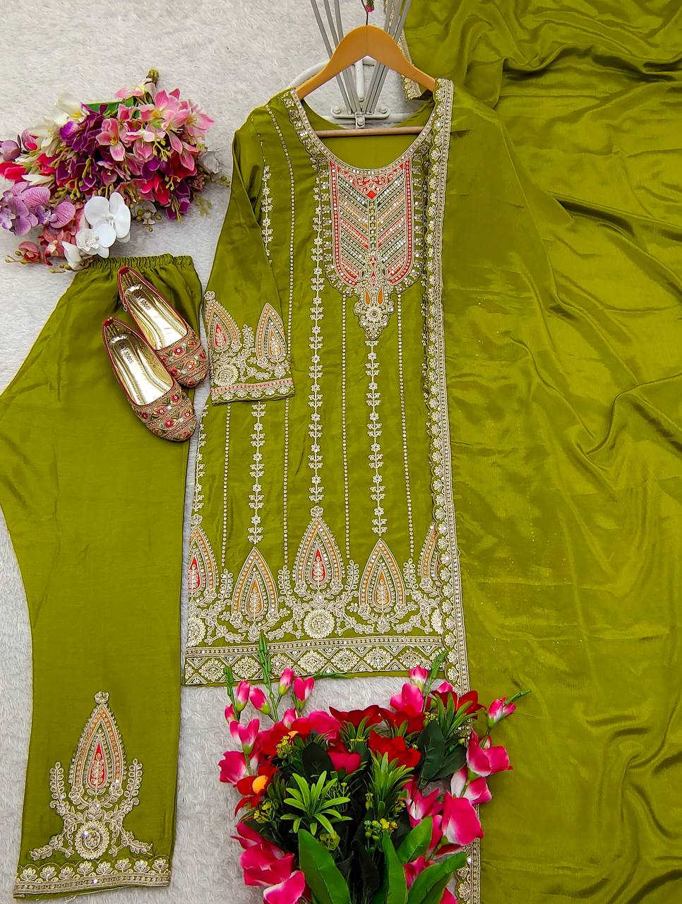 Green Embroidered Muslin Cotton Suit Set with Organza Dupatta AllTreandy
