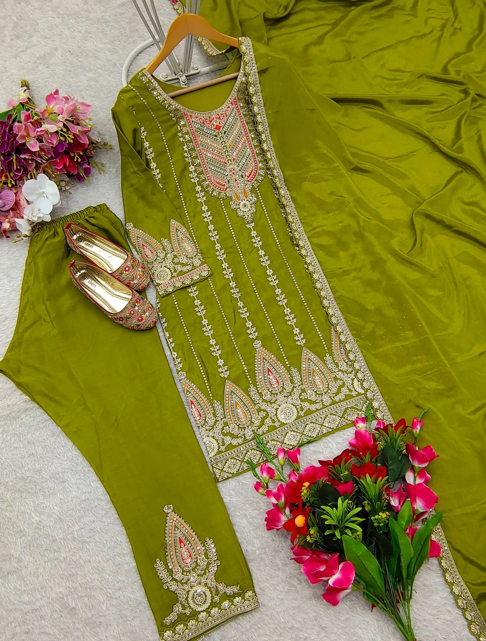 Green Embroidered Muslin Cotton Suit Set with Organza Dupatta AllTreandy