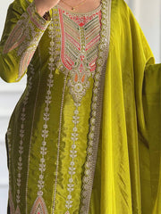 Green Embroidered Muslin Cotton Suit Set with Organza Dupatta AllTreandy