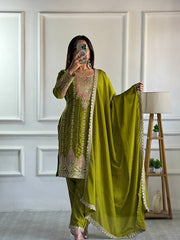 Green Embroidered Muslin Cotton Suit Set with Organza Dupatta AllTreandy