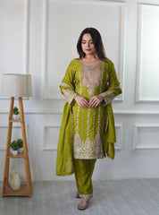 Green Embroidered Muslin Cotton Suit Set with Organza Dupatta AllTreandy