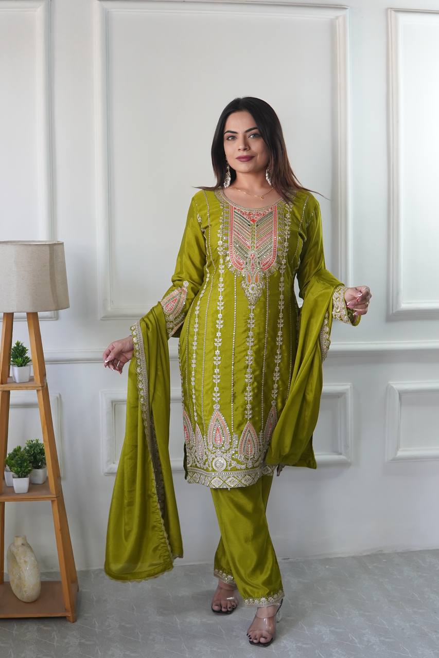 Green Embroidered Muslin Cotton Suit Set with Organza Dupatta AllTreandy