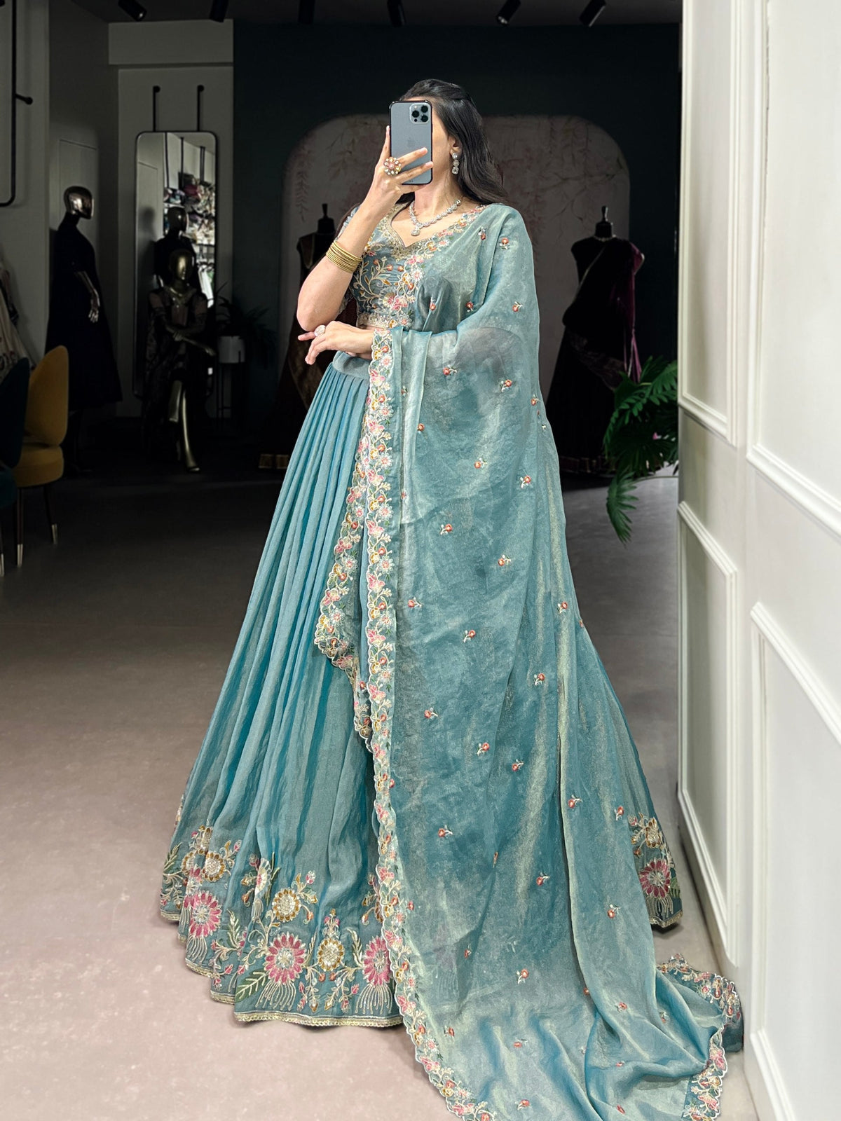 Pastel Blue Floral Embroidered Lehenga Set with Dupatta AllTreandy