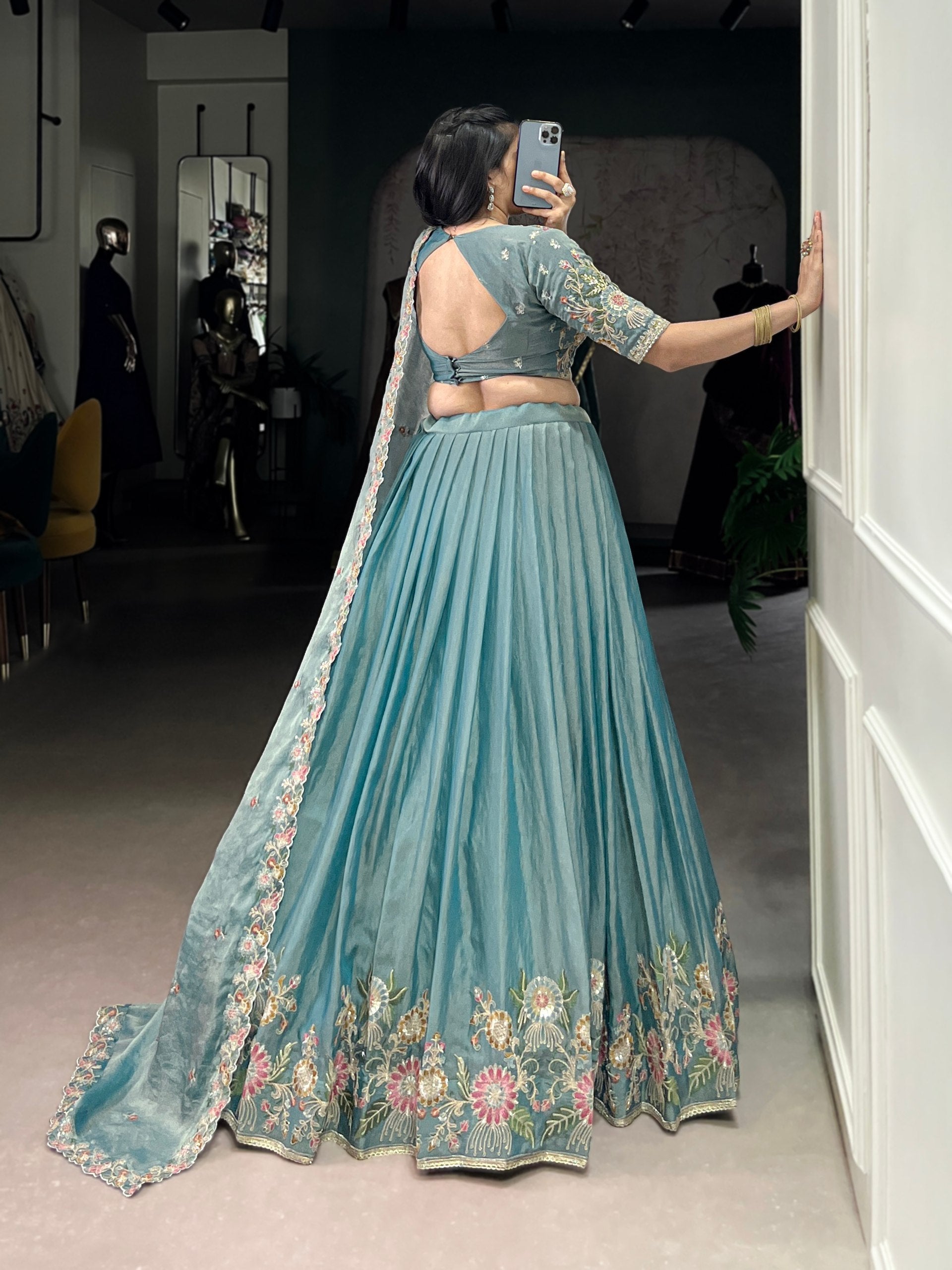 Pastel Blue Floral Embroidered Lehenga Set with Dupatta AllTreandy