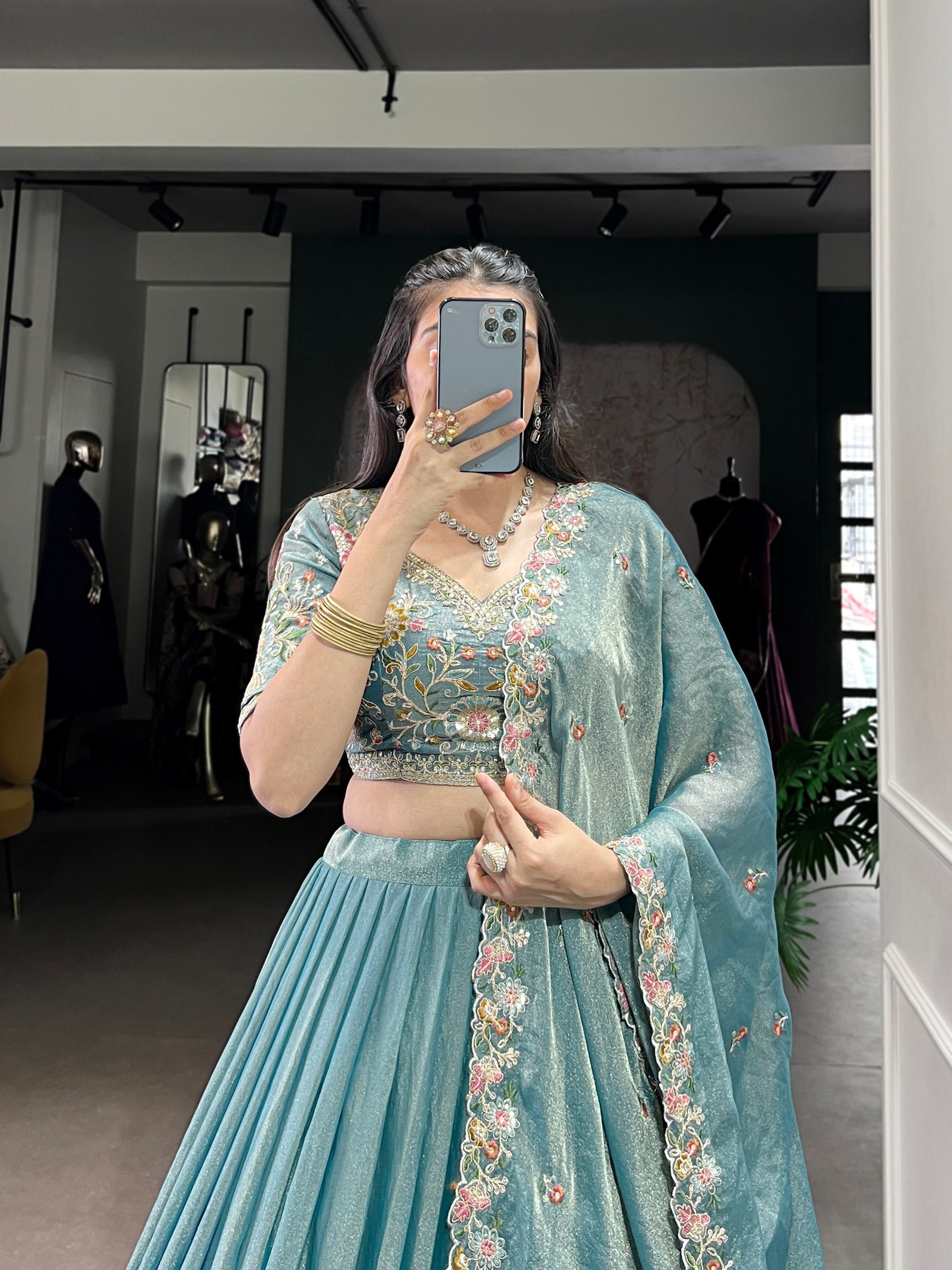Pastel Blue Floral Embroidered Lehenga Set with Dupatta AllTreandy