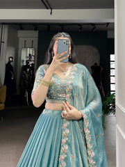 Pastel Blue Floral Embroidered Lehenga Set with Dupatta AllTreandy