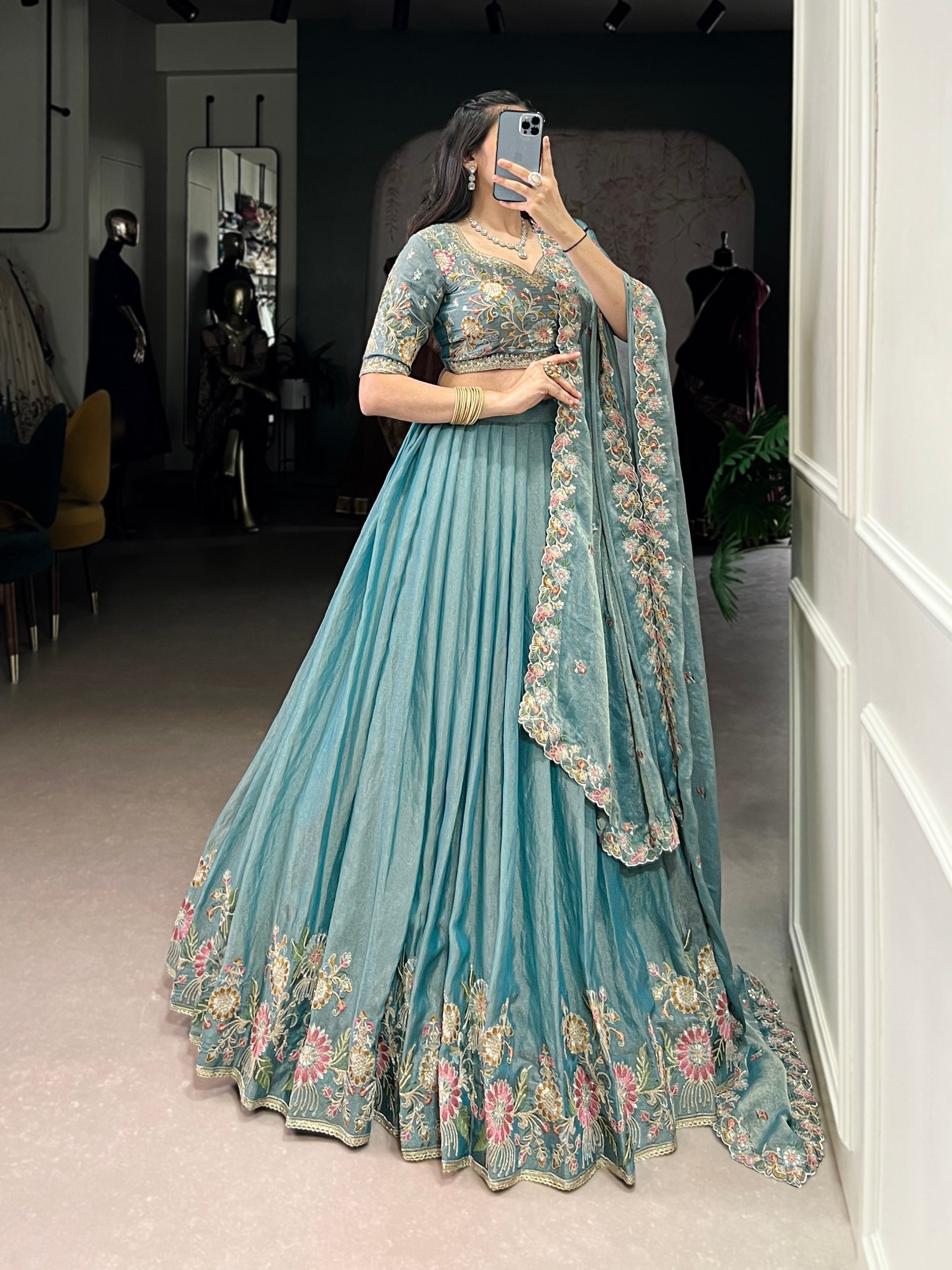 Pastel Blue Floral Embroidered Lehenga Set with Dupatta AllTreandy