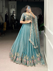 Pastel Blue Floral Embroidered Lehenga Set with Dupatta AllTreandy