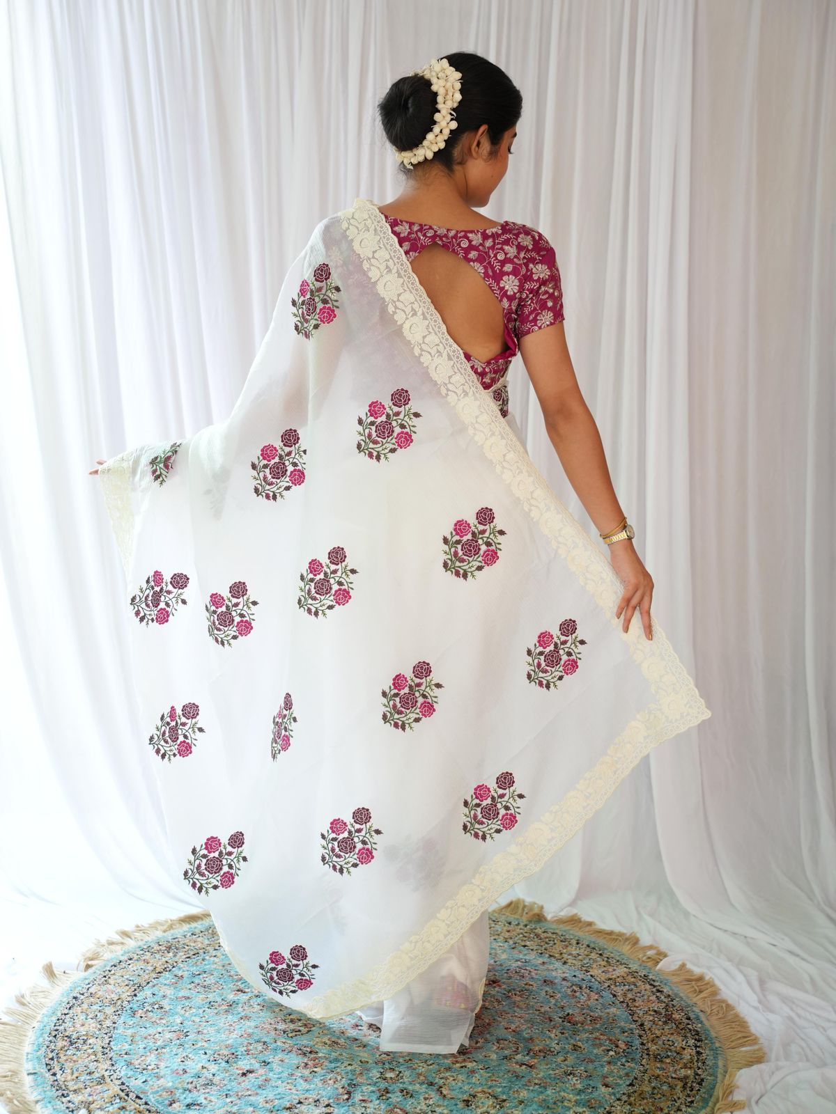 Elegant White Saree with Pink Floral Embroidery & Contrast Blouse AllTreandy