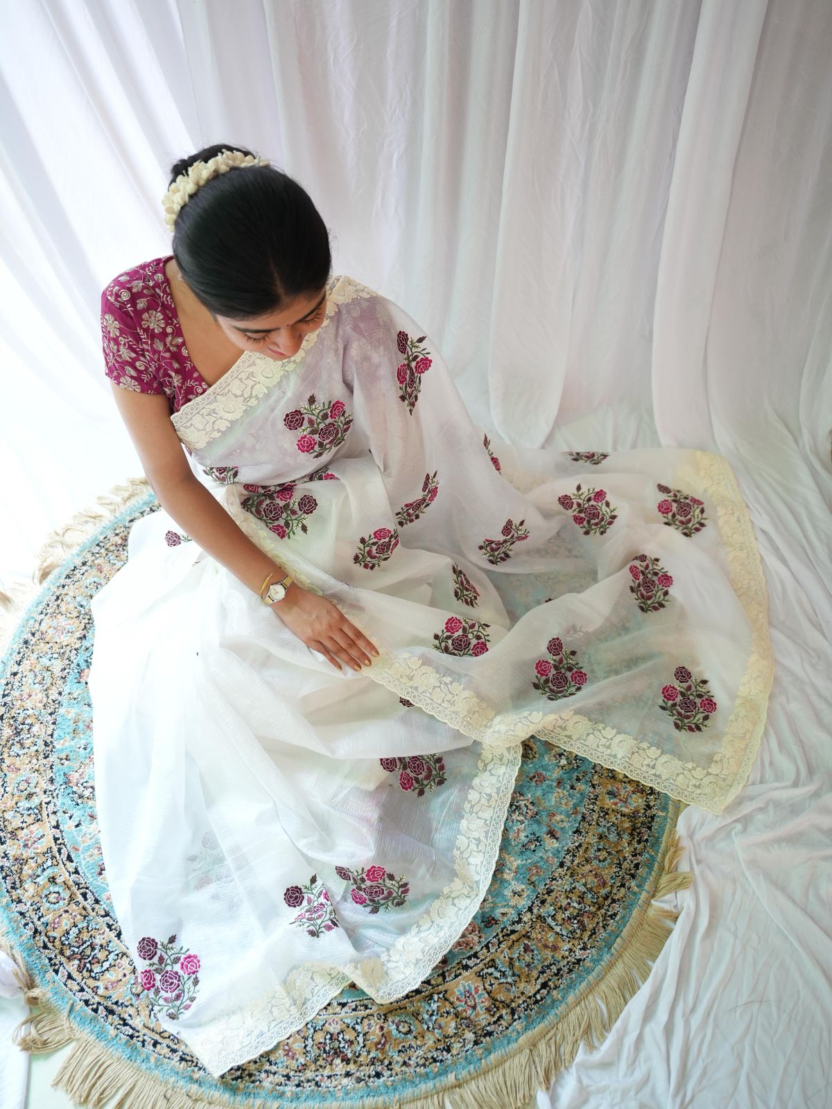 Elegant White Saree with Pink Floral Embroidery & Contrast Blouse AllTreandy