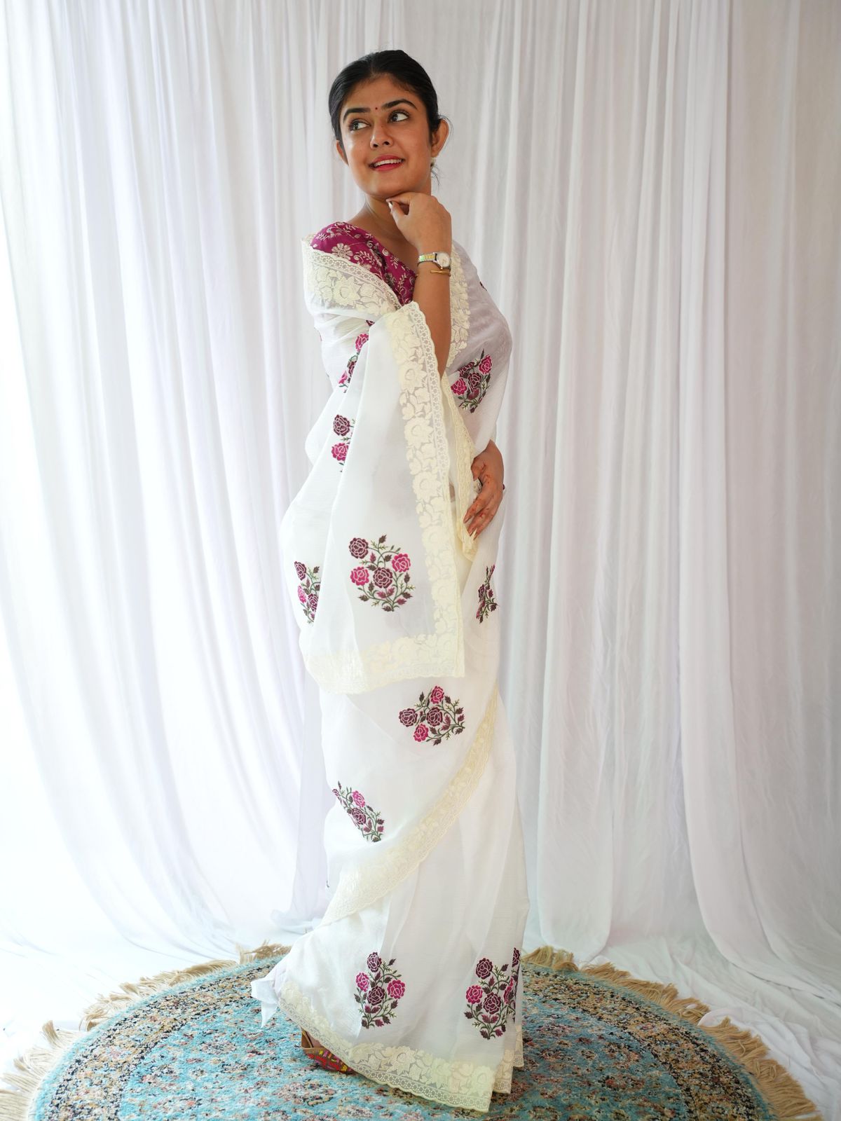 Elegant White Saree with Pink Floral Embroidery & Contrast Blouse AllTreandy