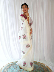 Elegant White Saree with Pink Floral Embroidery & Contrast Blouse AllTreandy
