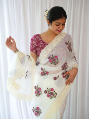 Elegant White Saree with Pink Floral Embroidery & Contrast Blouse AllTreandy