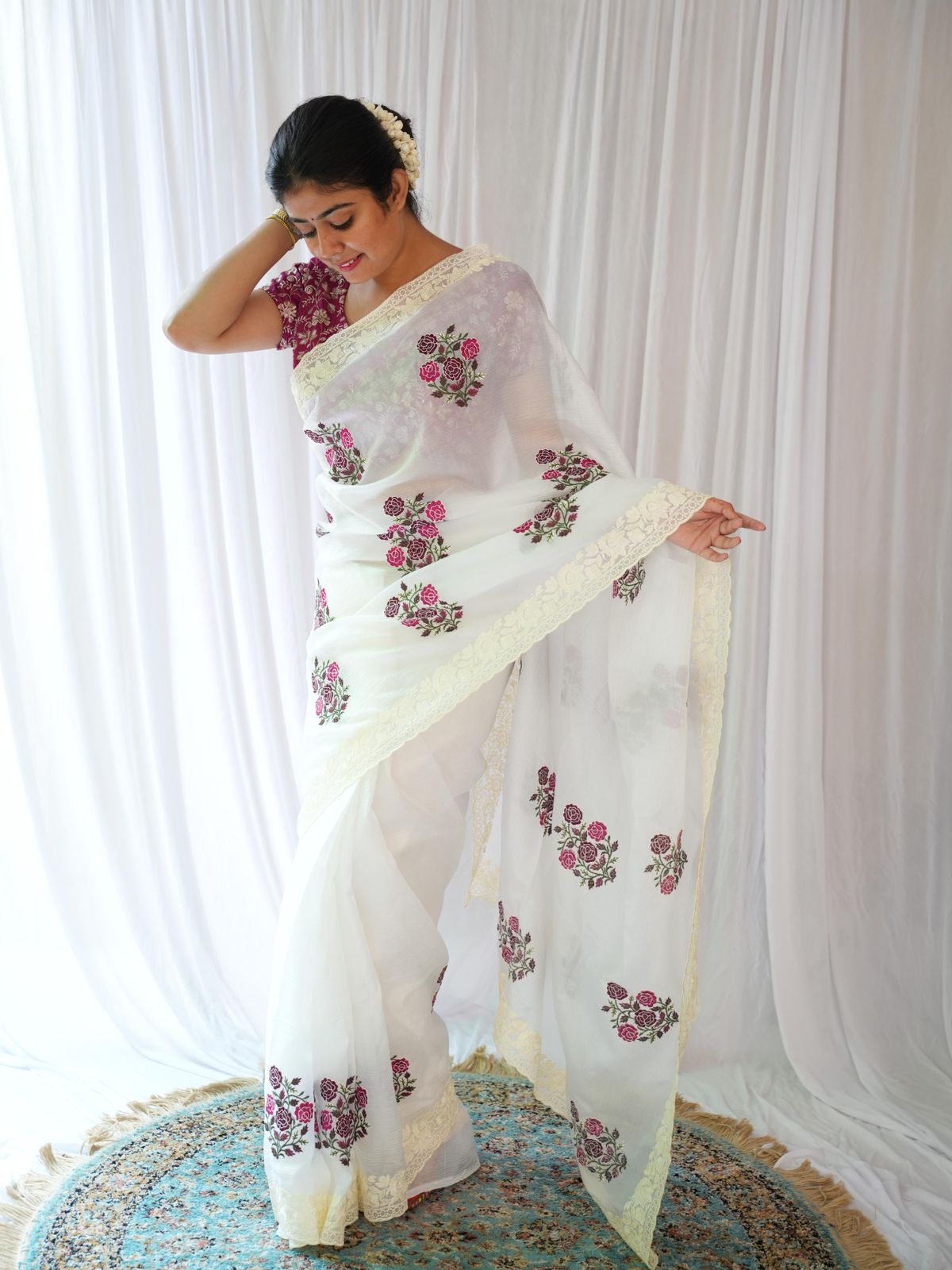 Elegant White Saree with Pink Floral Embroidery & Contrast Blouse AllTreandy