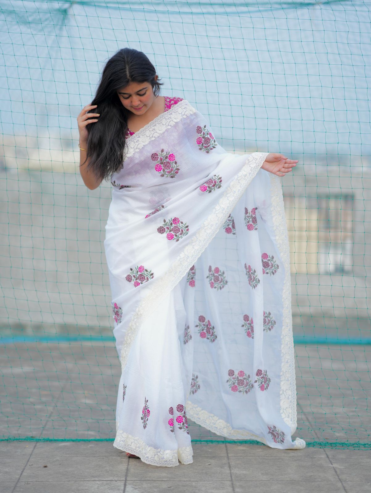 Elegant White Saree with Pink Floral Embroidery & Contrast Blouse AllTreandy