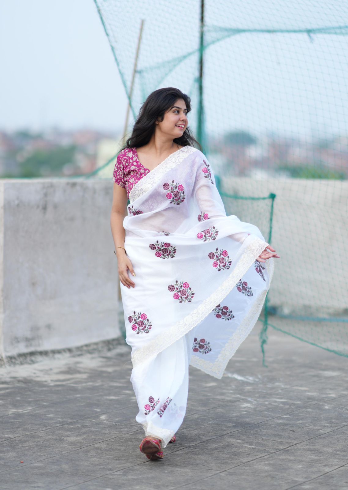Elegant White Saree with Pink Floral Embroidery & Contrast Blouse AllTreandy