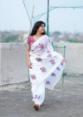 Elegant White Saree with Pink Floral Embroidery & Contrast Blouse AllTreandy