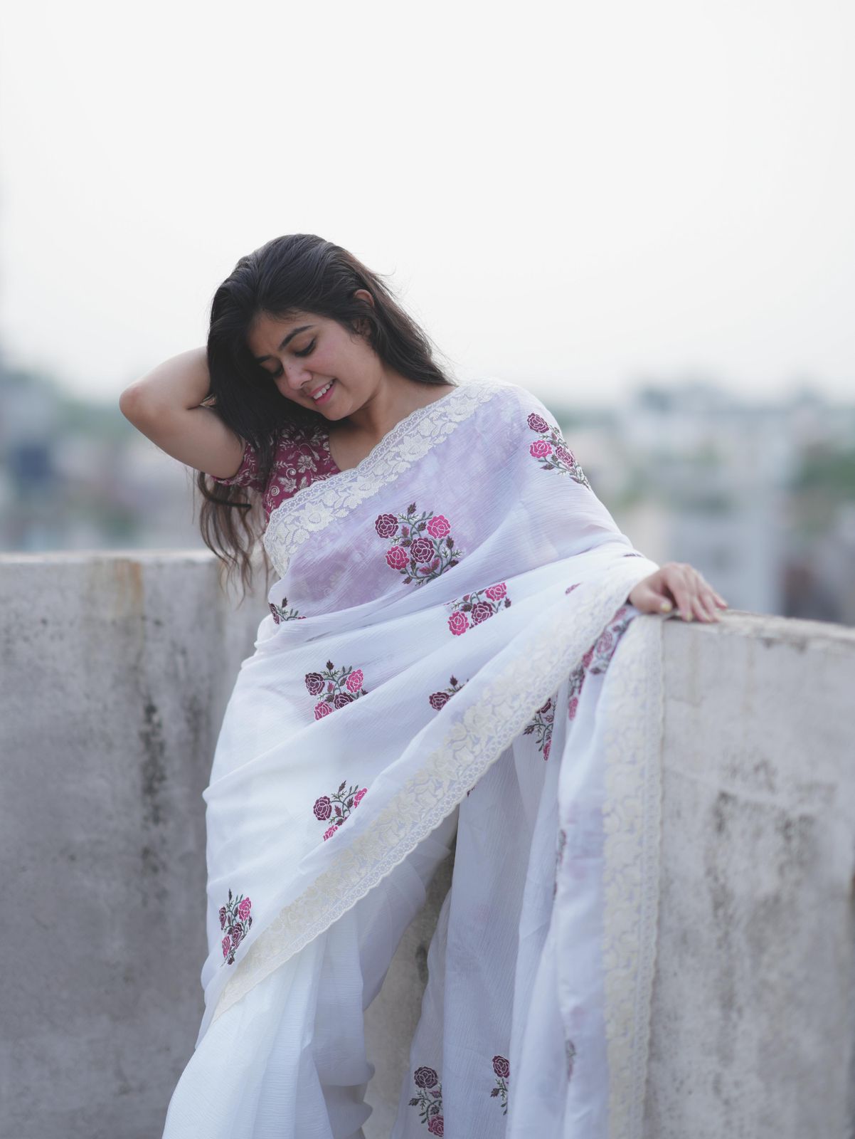Elegant White Saree with Pink Floral Embroidery & Contrast Blouse AllTreandy
