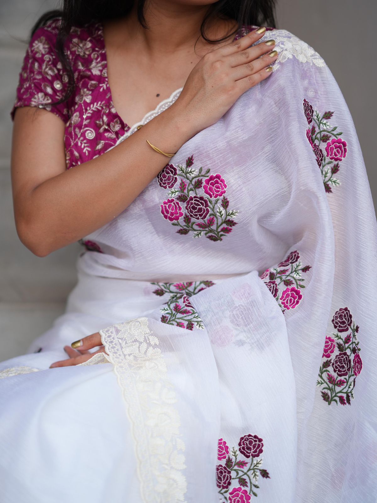 Elegant White Saree with Pink Floral Embroidery & Contrast Blouse AllTreandy