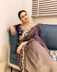 Grey-Purple Satin Saree with Ivory Embroidery & Contrast Blouse AllTreandy