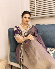 Grey-Purple Satin Saree with Ivory Embroidery & Contrast Blouse AllTreandy