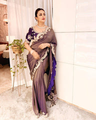 Grey-Purple Satin Saree with Ivory Embroidery & Contrast Blouse AllTreandy