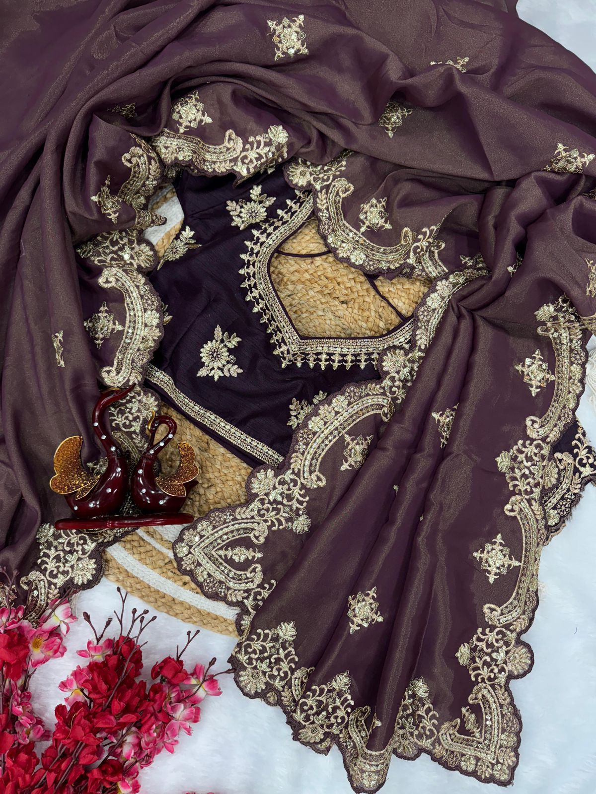 Grey-Purple Satin Saree with Ivory Embroidery & Contrast Blouse AllTreandy