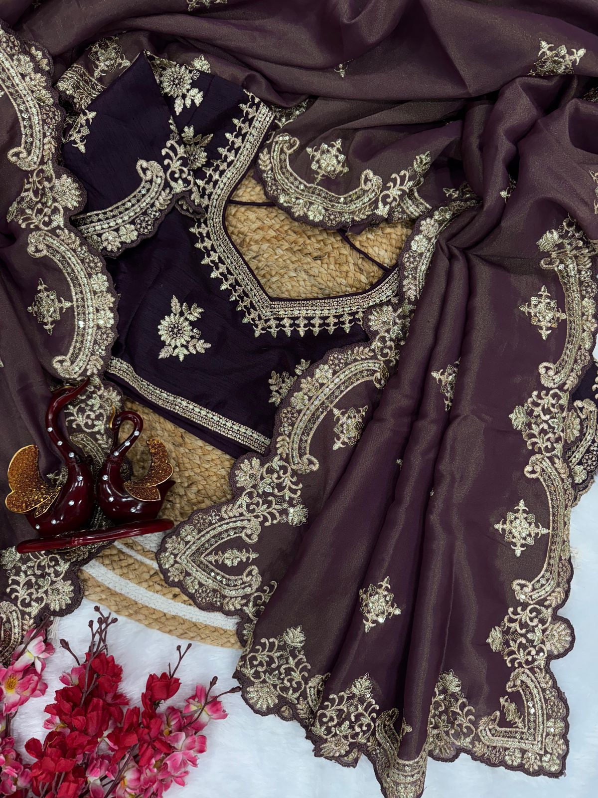 Grey-Purple Satin Saree with Ivory Embroidery & Contrast Blouse AllTreandy