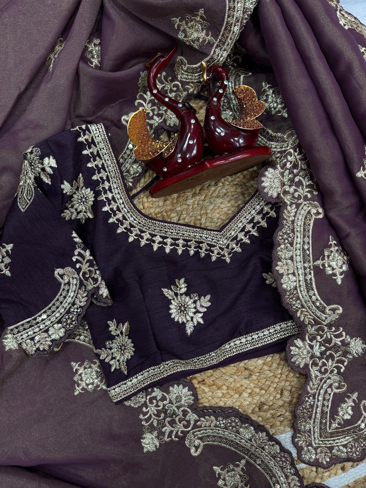 Grey-Purple Satin Saree with Ivory Embroidery & Contrast Blouse AllTreandy